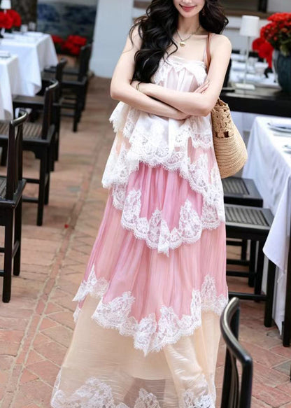 Style Pink Layered Patchwork Lace Maxi Dress Sleeveless