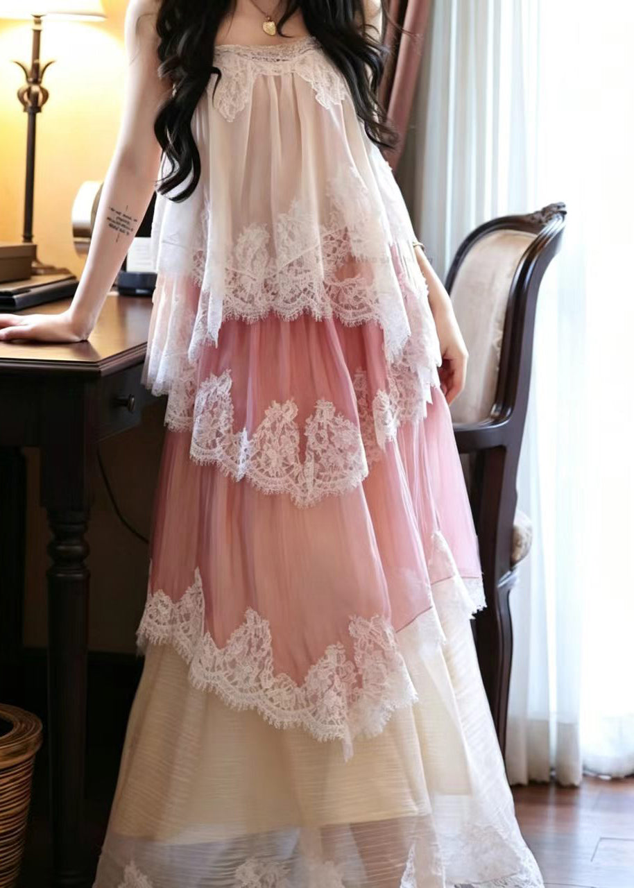 Style Pink Layered Patchwork Lace Maxi Dress Sleeveless
