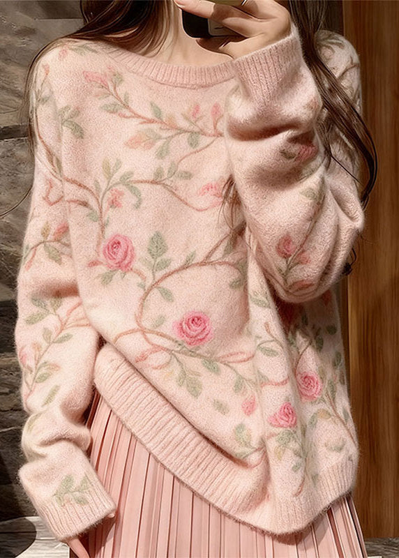 Style Pink O Neck Thick Floral Knit Sweater Tops Winter
