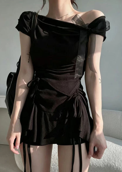 Style Pink One Shoulder Bow Asymmetrical Shirt Short Sleeve