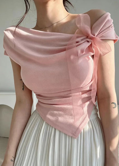 Style Pink One Shoulder Bow Asymmetrical Shirt Short Sleeve