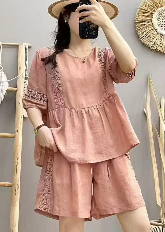 Style Pink Oversized Patchwork Linen Women Sets 2 Pieces Summer