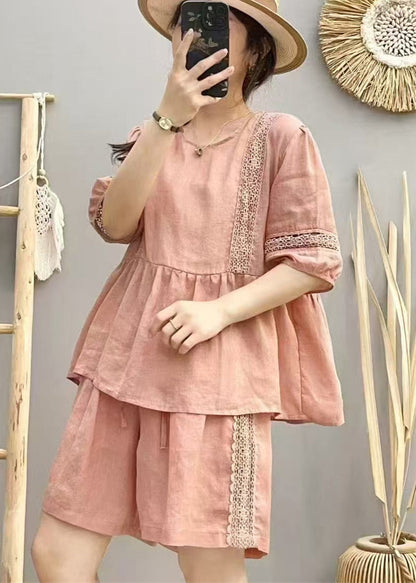 Style Pink Oversized Patchwork Linen Women Sets 2 Pieces Summer