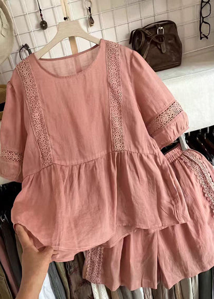 Style Pink Oversized Patchwork Linen Women Sets 2 Pieces Summer