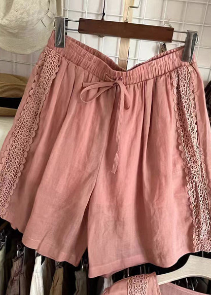 Style Pink Oversized Patchwork Linen Women Sets 2 Pieces Summer