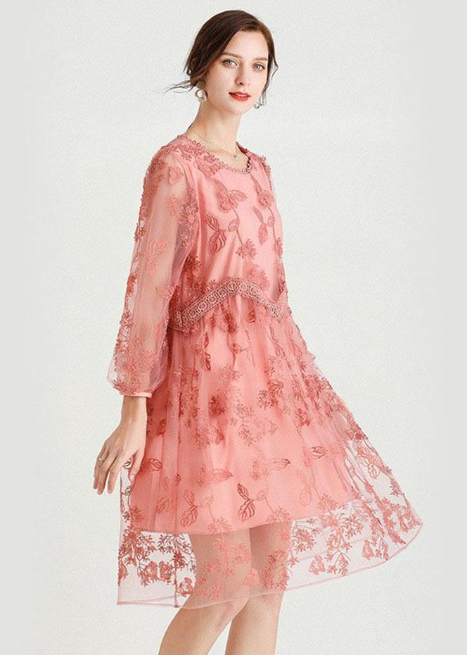 Style Pink Patchwork Embroideried Fall Lace Vacation Dress Long Sleeve - SooLinen