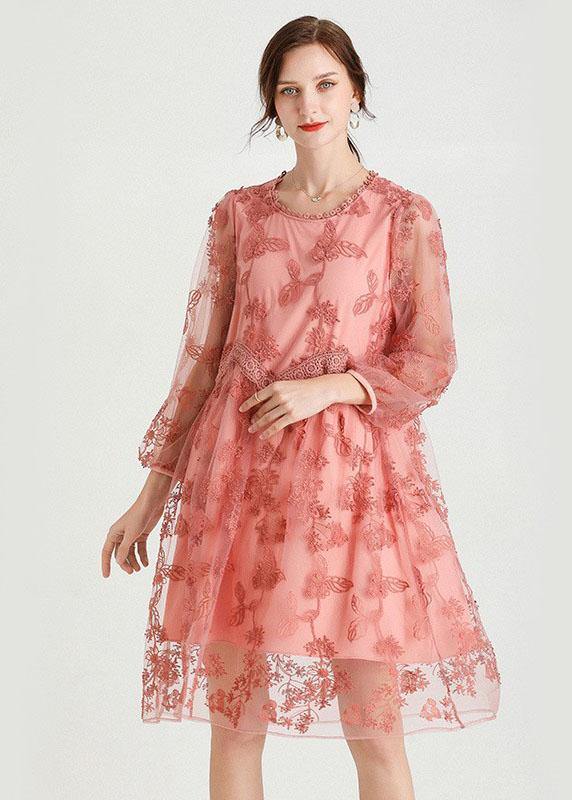 Style Pink Patchwork Embroideried Fall Lace Vacation Dress Long Sleeve - SooLinen