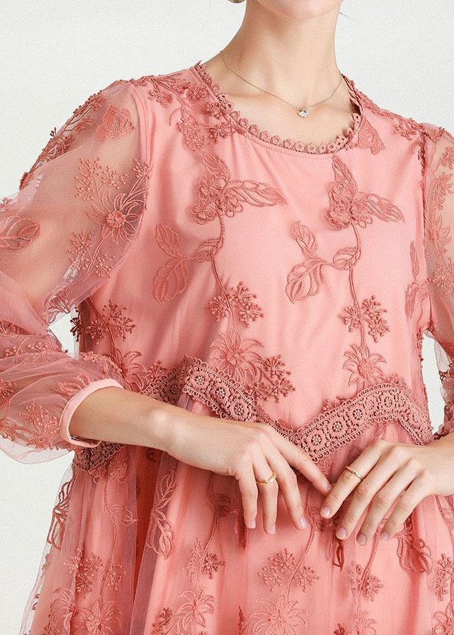 Style Pink Patchwork Embroideried Fall Lace Vacation Dress Long Sleeve - SooLinen