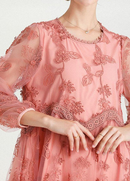 Style Pink Patchwork Embroideried Fall Lace Vacation Dress Long Sleeve - SooLinen