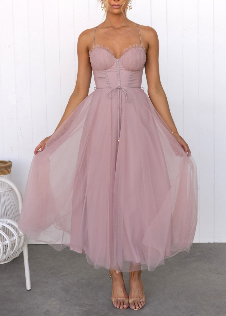 Style Pink Patchwork Tulle Tulle Long Spaghetti Strap Dresses Sleeveles