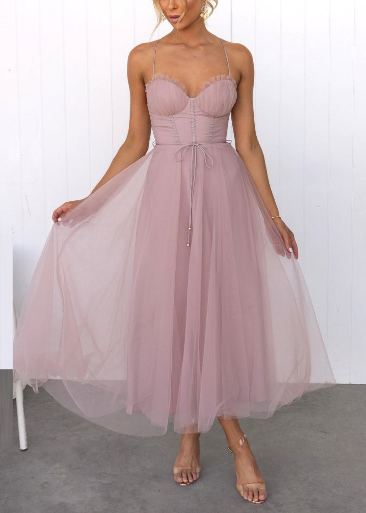 Style Pink Patchwork Tulle Tulle Long Spaghetti Strap Dresses Sleeveles