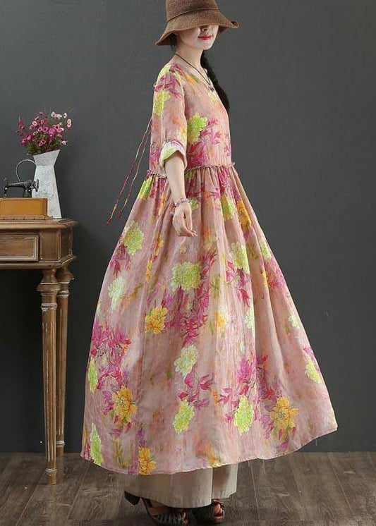 Style Pink Print Pockets Summer Linen Dress - SooLinen