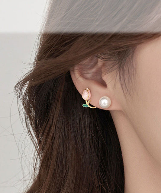 Pendientes de aro con gotas de aceite y perlas doradas en plata rosa