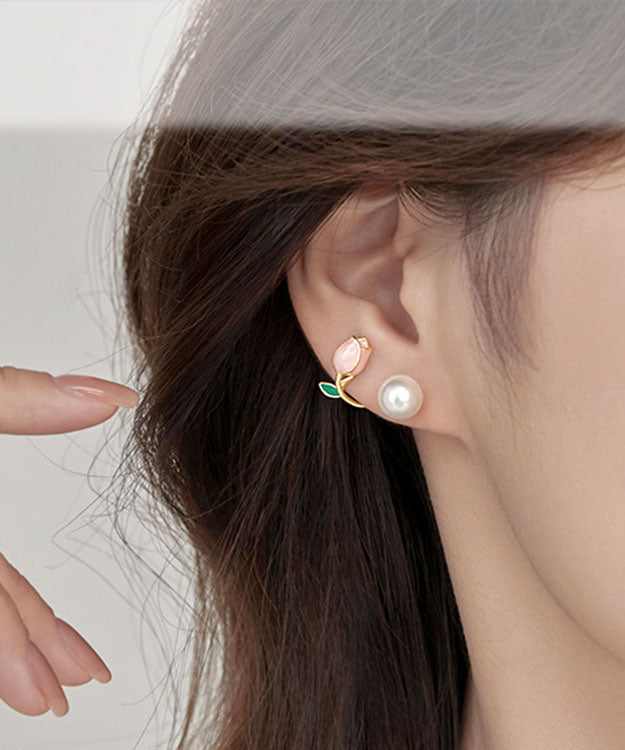 Pendientes de aro con gotas de aceite y perlas doradas en plata rosa