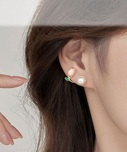 Pendientes de aro con gotas de aceite y perlas doradas en plata rosa