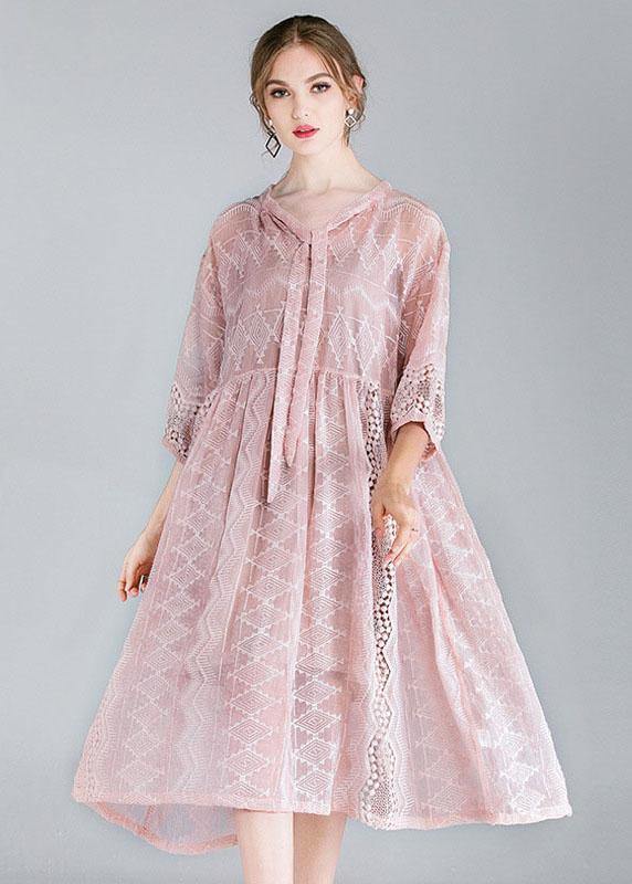 Style Pink Tie Hollow Out Spring Half Sleeve Two Piece Set Women Clothing - SooLinen