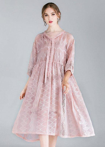 Style Pink Tie Hollow Out Spring Half Sleeve Two Piece Set Women Clothing - SooLinen