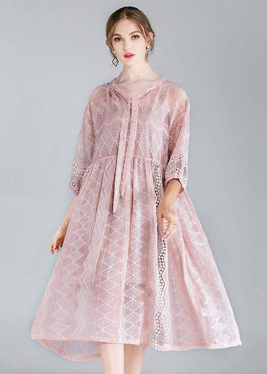 Style Pink Tie Hollow Out Spring Half Sleeve Two Piece Set Women Clothing - SooLinen