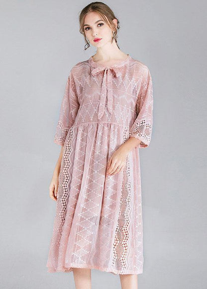 Style Pink Tie Hollow Out Spring Half Sleeve Two Piece Set Women Clothing - SooLinen