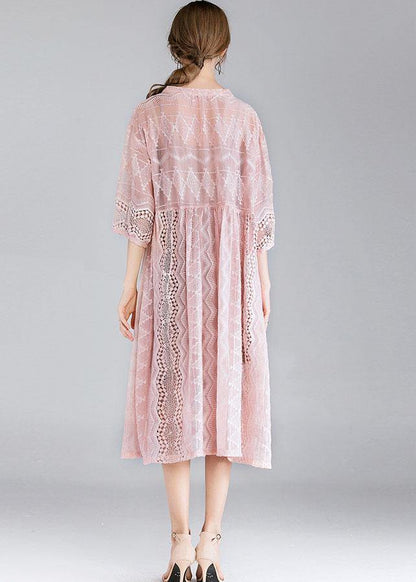 Style Pink Tie Hollow Out Spring Half Sleeve Two Piece Set Women Clothing - SooLinen