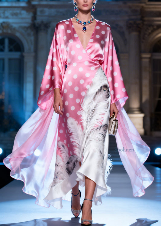 Style Pink V Neck Dot Feather Print Silk Long Dresses Summer