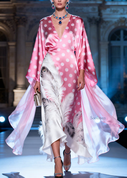 Style Pink V Neck Dot Feather Print Silk Long Dresses Summer
