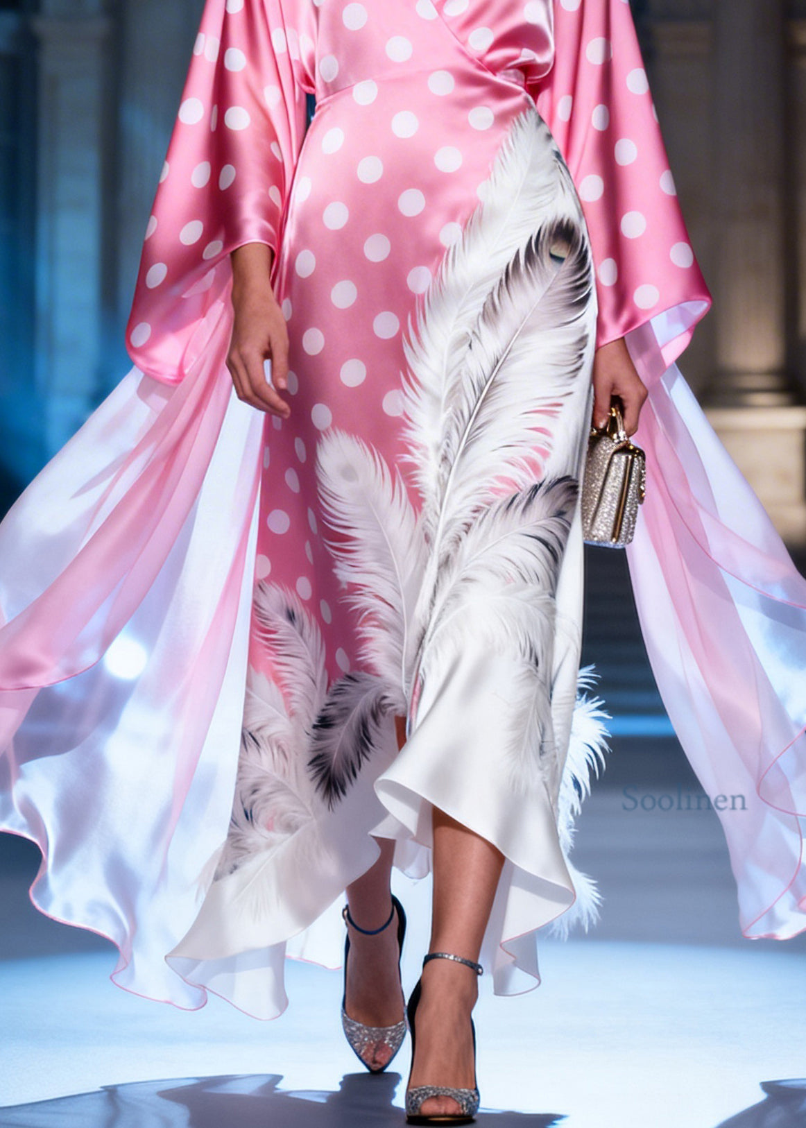 Style Pink V Neck Dot Feather Print Silk Long Dresses Summer