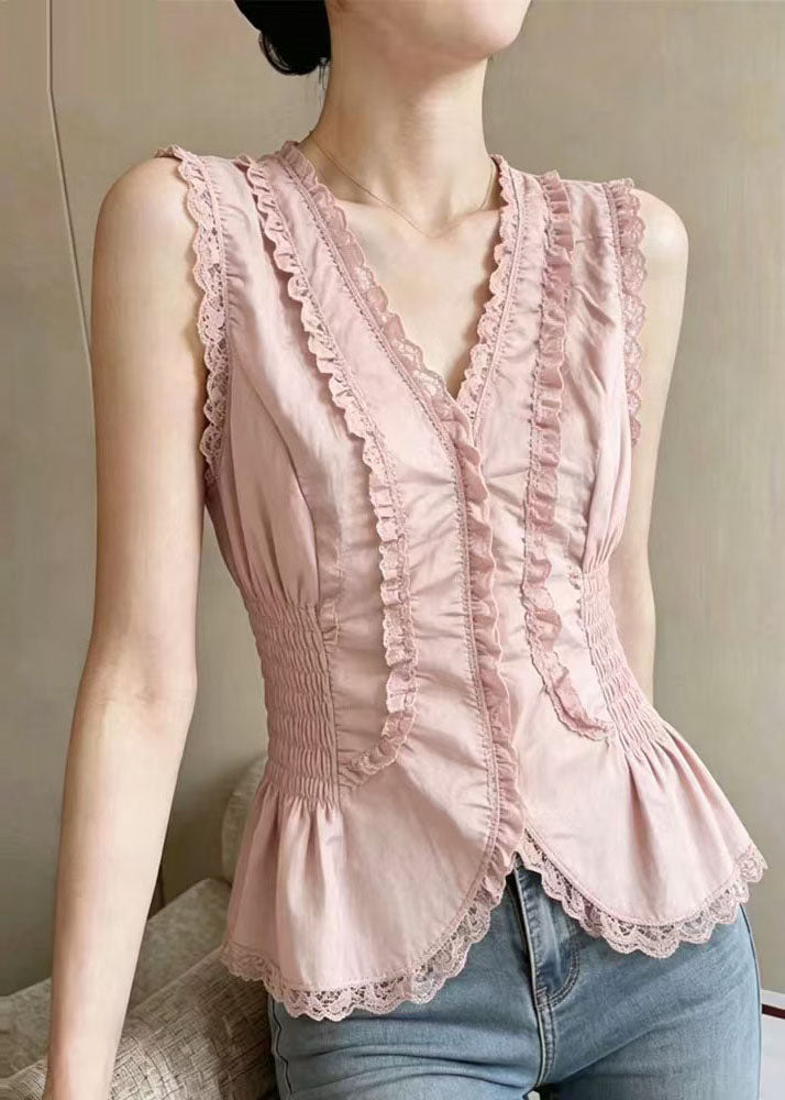 Style Pink V Neck Patchwork Lace Tops Summer