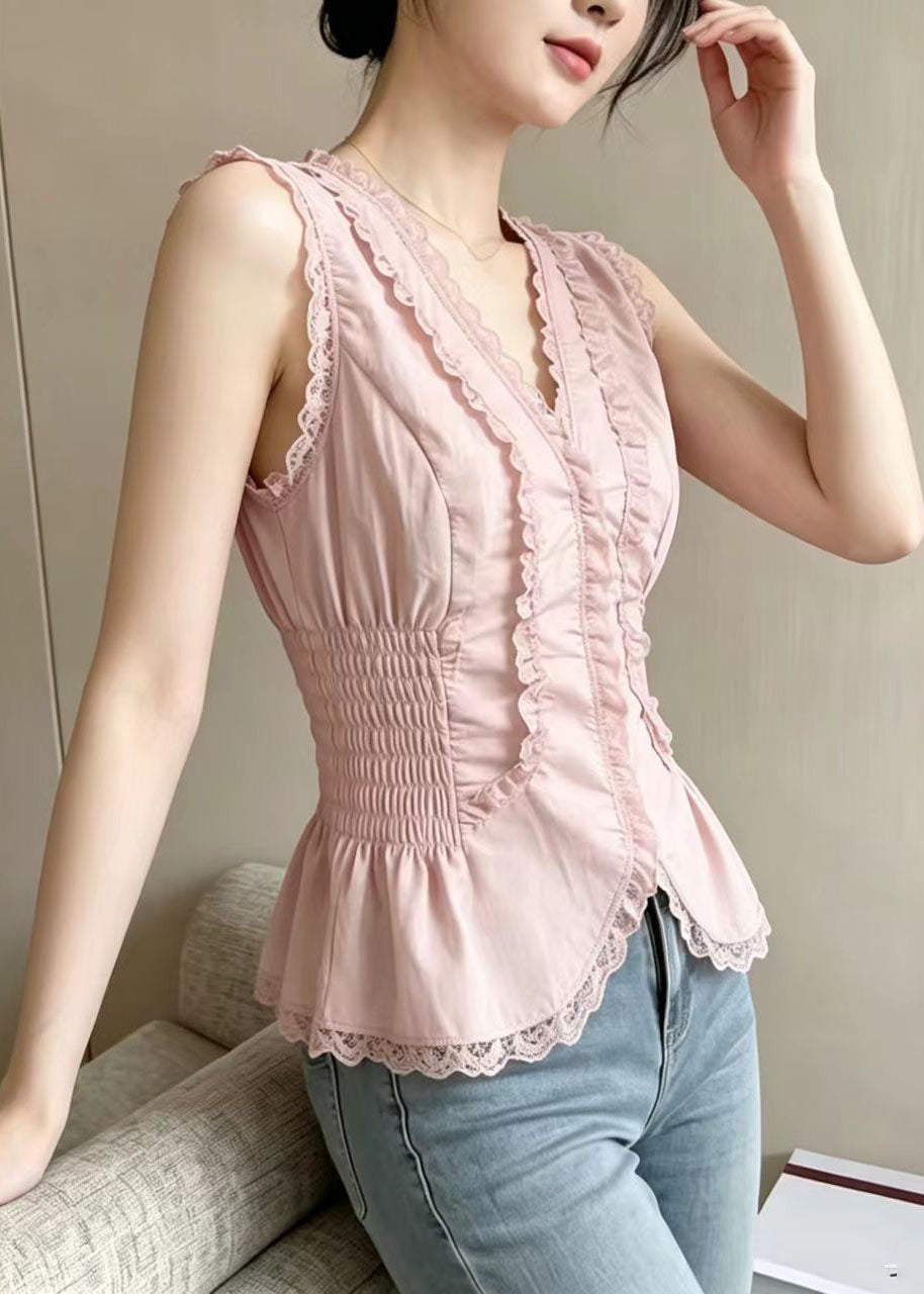 Style Pink V Neck Patchwork Lace Tops Summer