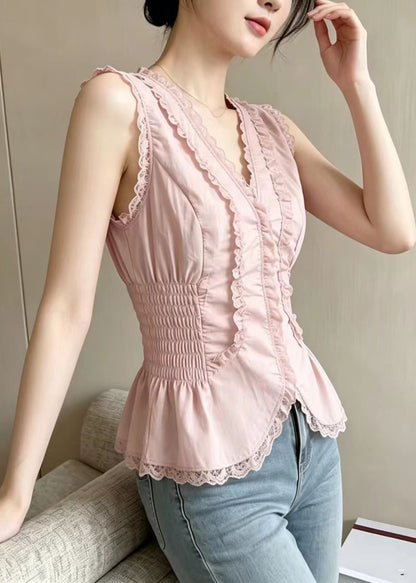 Style Pink V Neck Patchwork Lace Tops Summer