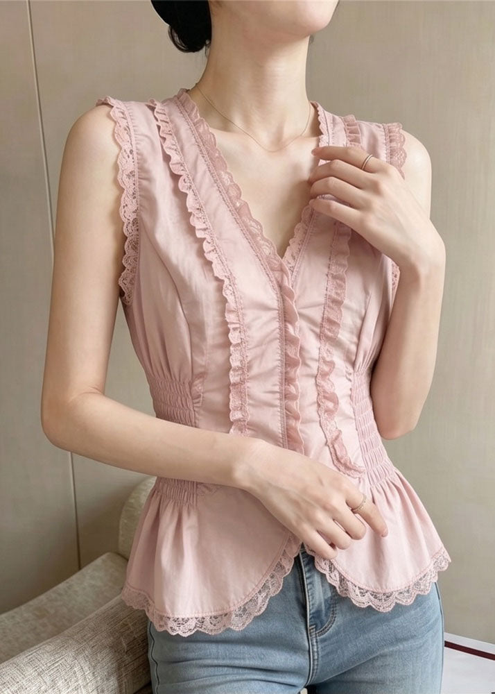 Style Pink V Neck Patchwork Lace Tops Summer