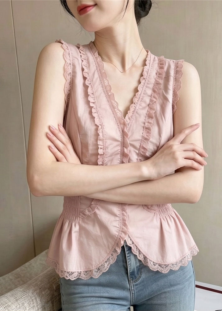 Style Pink V Neck Patchwork Lace Tops Summer