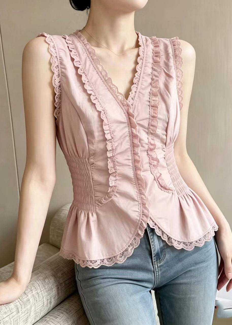 Style Pink V Neck Patchwork Lace Tops Summer