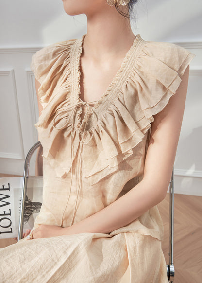 Style Pink V Neck Ruffled Lace Up Cotton Shirt Top Sleeveless