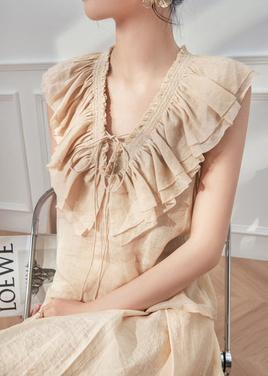 Style Pink V Neck Ruffled Lace Up Cotton Shirt Top Sleeveless