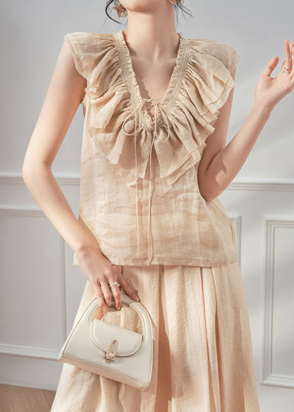 Style Pink V Neck Ruffled Lace Up Cotton Shirt Top Sleeveless