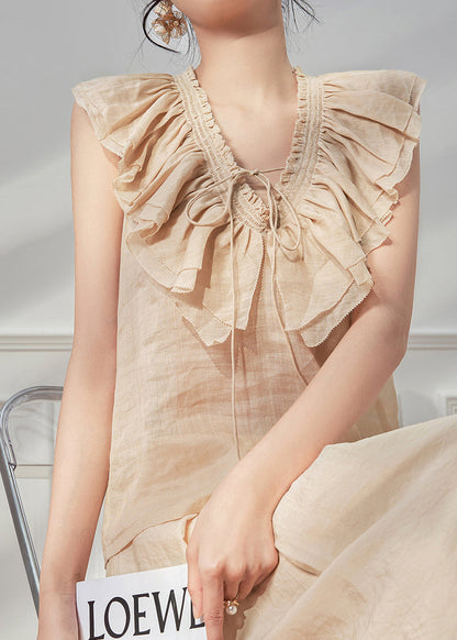 Style Pink V Neck Ruffled Lace Up Cotton Shirt Top Sleeveless