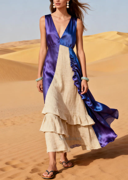 Style Purple Asymmetrical Patchwork Wrinkled Silk Dresses Summer