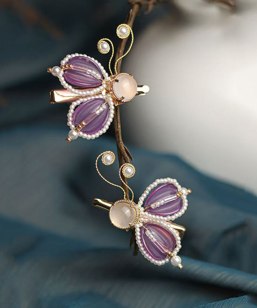 Style Purple Copper Alloy Pearl Coloured Glaze Agate Butterfly A Pair Hairpin