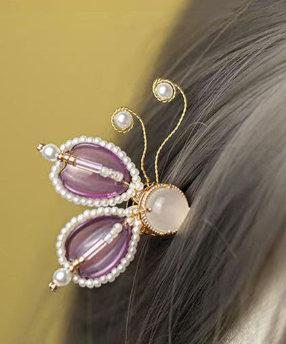 Style Purple Copper Alloy Pearl Coloured Glaze Agate Butterfly A Pair Hairpin