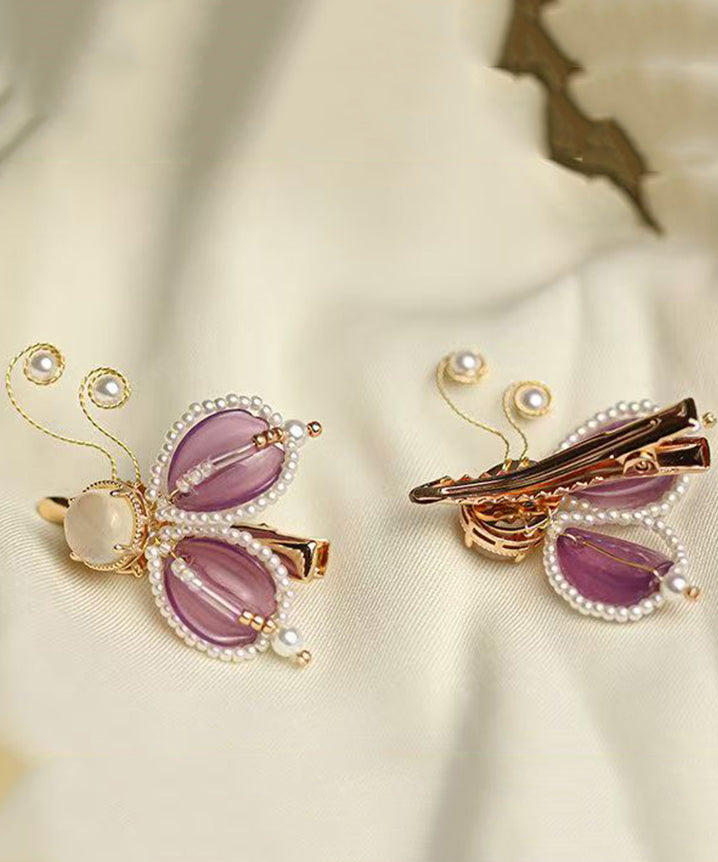 Style Purple Copper Alloy Pearl Coloured Glaze Agate Butterfly A Pair Hairpin