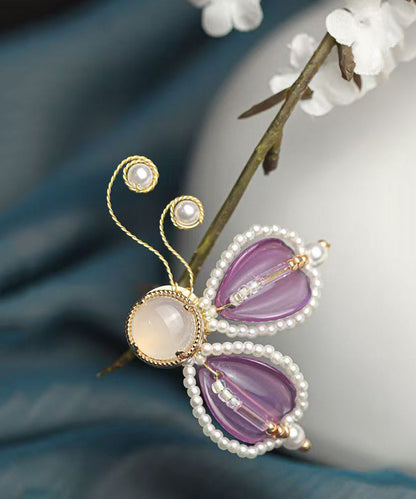 Style Purple Copper Alloy Pearl Coloured Glaze Agate Butterfly A Pair Hairpin