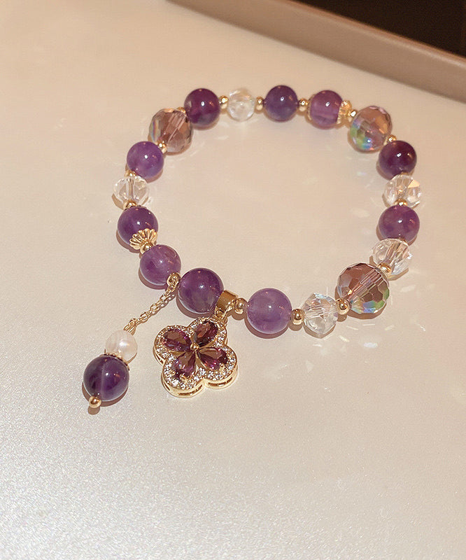 Stil Lila Kristall Intarsien Edelstein Stein Zirkon Vierblättriges Kleeblatt Quaste Bettelarmband