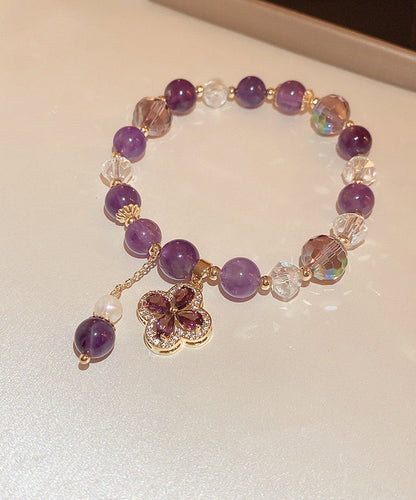 Stil Lila Kristall Intarsien Edelstein Stein Zirkon Vierblättriges Kleeblatt Quaste Bettelarmband