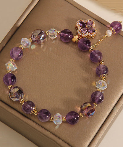 Stil Lila Kristall Intarsien Edelstein Stein Zirkon Vierblättriges Kleeblatt Quaste Bettelarmband