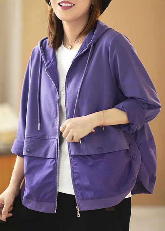 Style Purple Hooded Drawstring Patchwork Fall Coat Long Sleeve