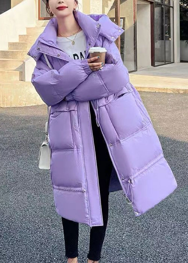 Style Purple Hooded Drawstring Thick Duck Down Jacket In Winter