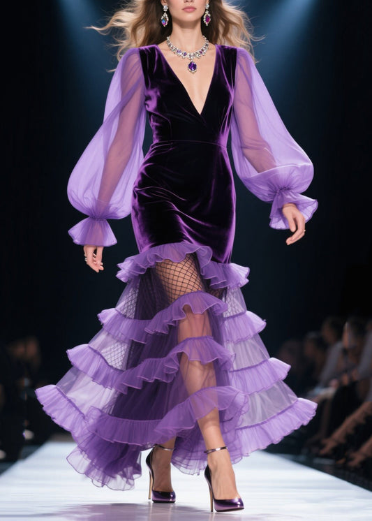 Vestidos de fiesta de primavera con capas de terciopelo de seda y patchwork con volantes en morado