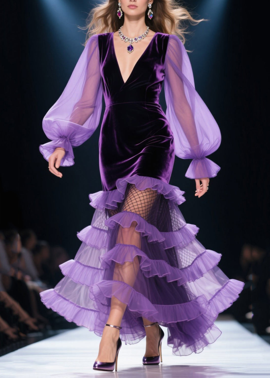 Vestidos de fiesta de primavera con capas de terciopelo de seda y patchwork con volantes en morado