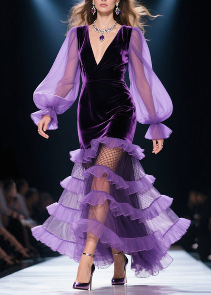 Vestidos de fiesta de primavera con capas de terciopelo de seda y patchwork con volantes en morado